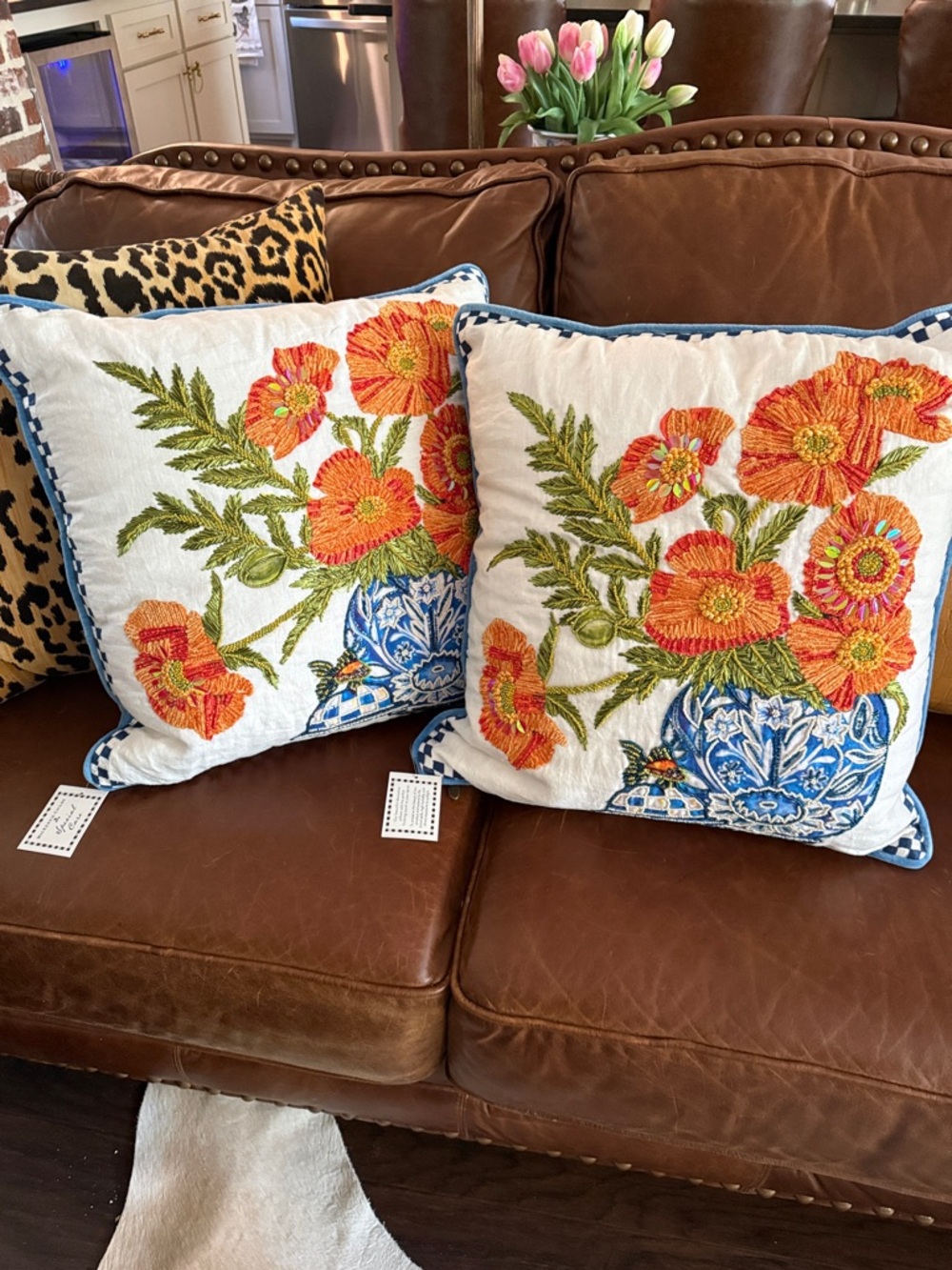 MacKenzie-Childs Blue check, Orange Floral Embroidered beaded Pillow Pair - Picture 2 of 10
